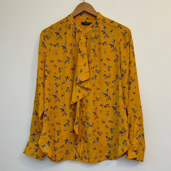 NWT LRL Button Down Ruffled Gold Yellow Floral Blouse Top Button Cuffs Size L - Picture 1 of 14